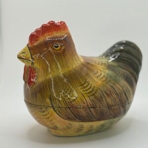Vintage Paper Mache Chicken Trinket Box Hand Painted Farmhouse Kitchen Decor